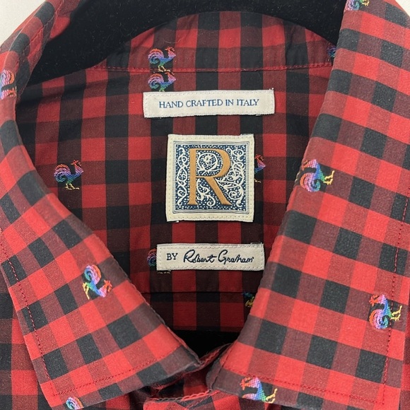 Robert Graham Red and Black Check Shirt w/ Embroidered Rainbow Roosters - Picture 6 of 10